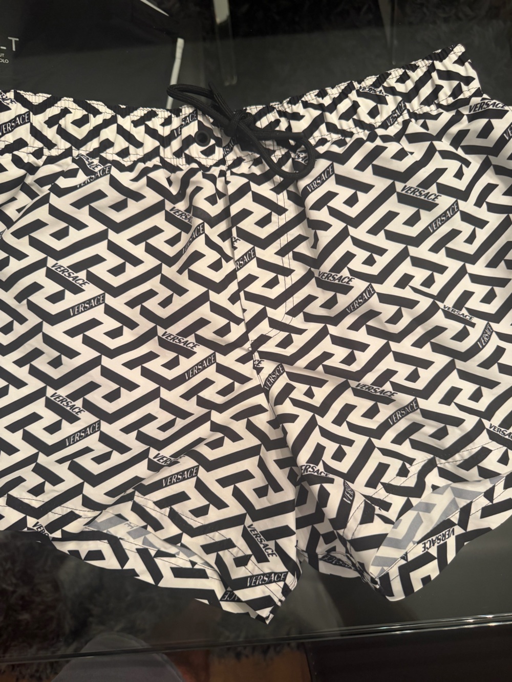 Versace Black and White Mesh Logo swim trunks